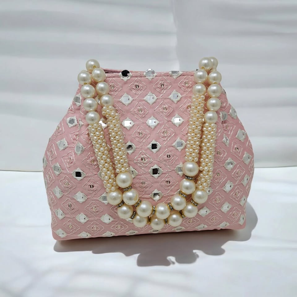 Elegant Traditional Potli Bags for Women | Pearl Beaded Embroidered Wristlet Handbags | Perfect Wedding Accessory & Return Gift - Dark Pink