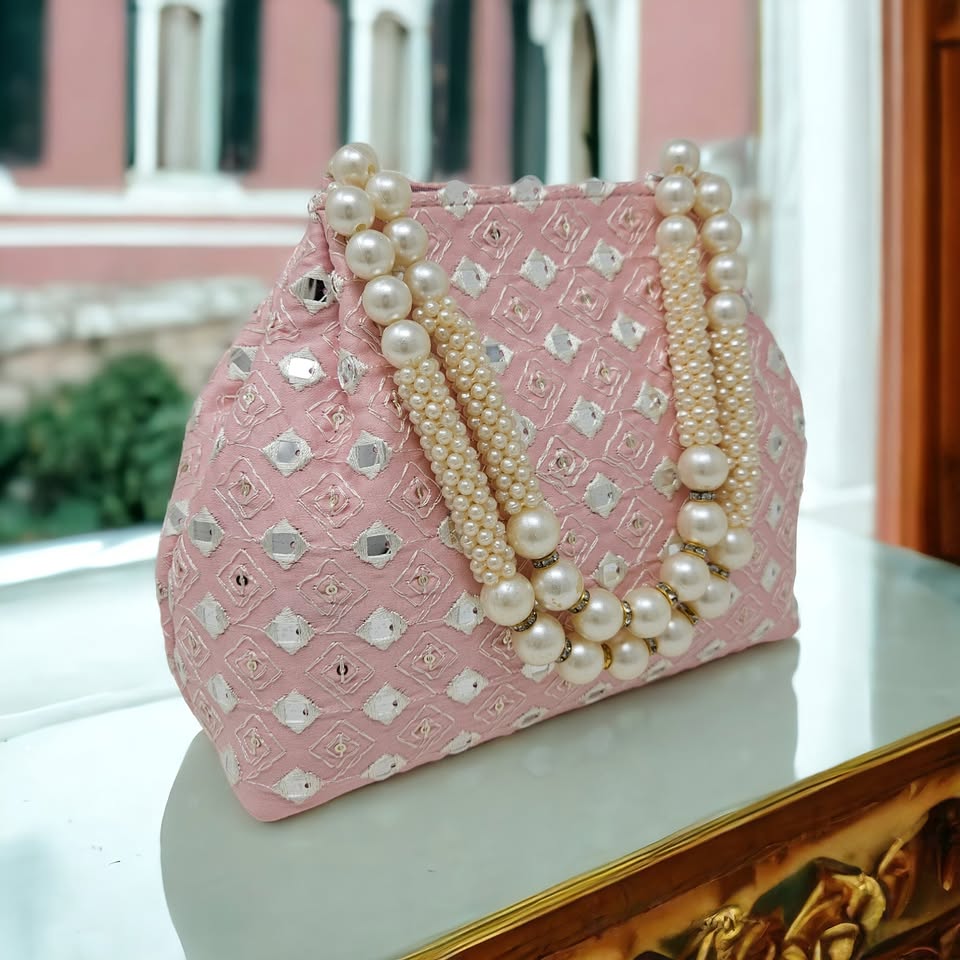Elegant Traditional Potli Bags for Women | Pearl Beaded Embroidered Wristlet Handbags | Perfect Wedding Accessory & Return Gift - Dark Pink