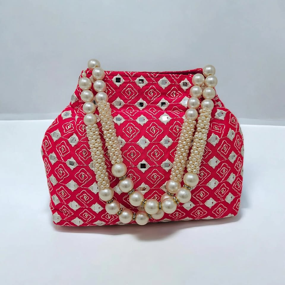 Elegant Traditional Potli Bags for Women | Pearl Beaded Embroidered Wristlet Handbags | Perfect Wedding Accessory & Return Gift - Dark Pink