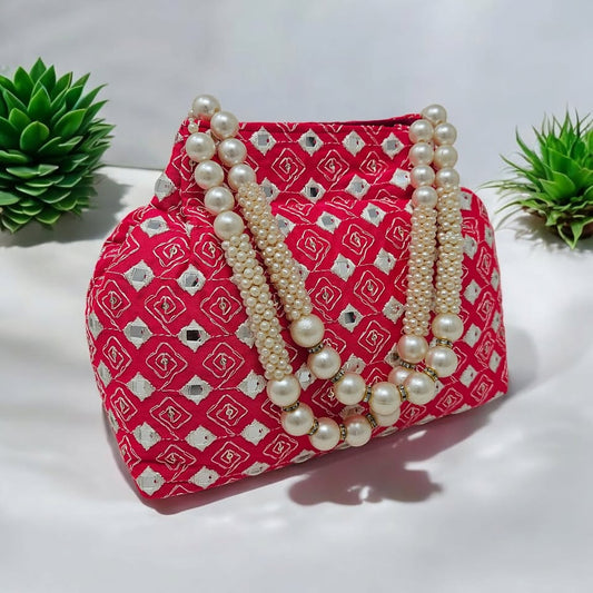 Elegant Traditional Potli Bags for Women | Pearl Beaded Embroidered Wristlet Handbags | Perfect Wedding Accessory & Return Gift - Dark Pink