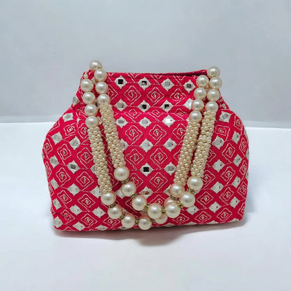 Elegant Traditional Potli Bags for Women | Pearl Beaded Embroidered Wristlet Handbags | Perfect Wedding Accessory & Return Gift - Dark Pink
