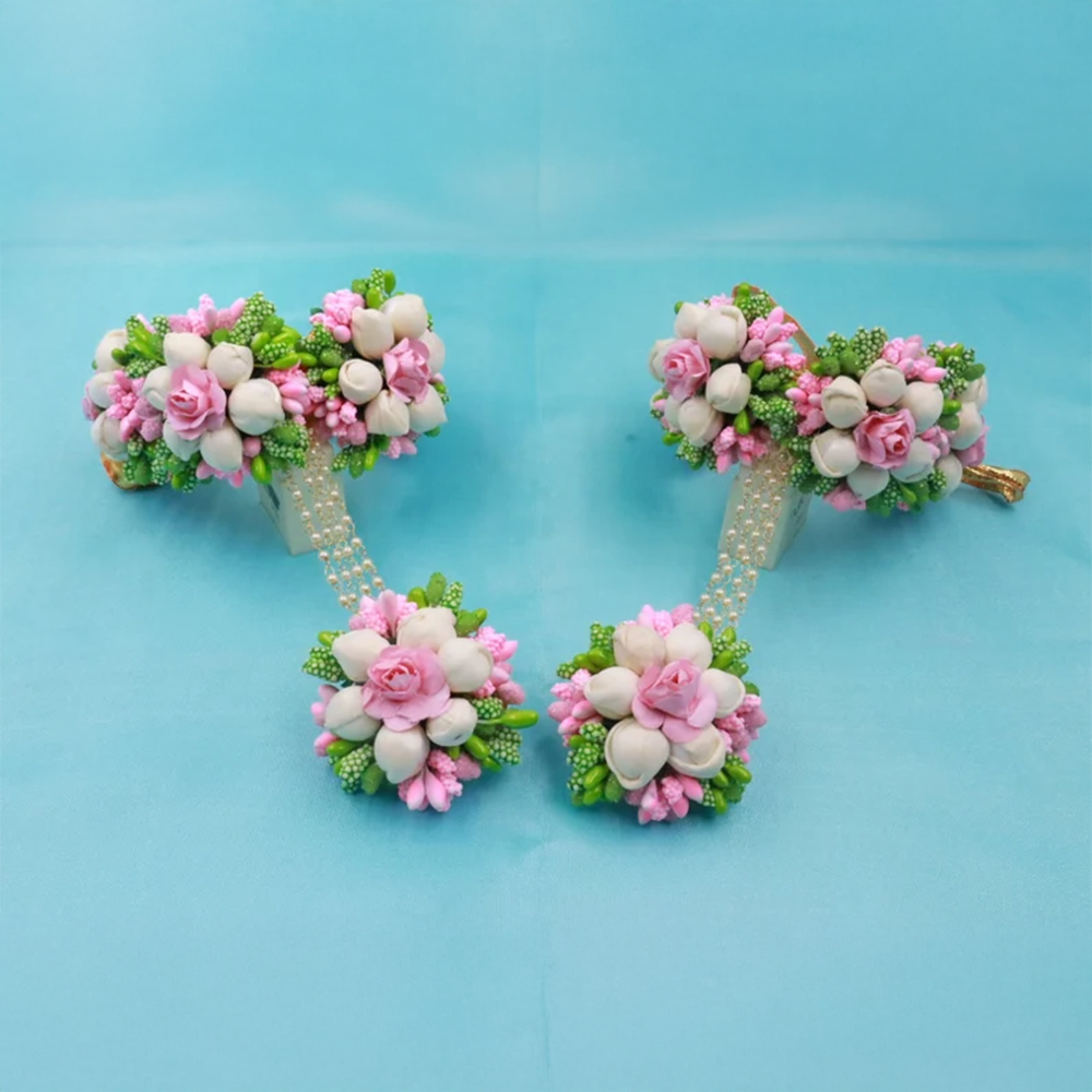Pastel Bloom Floral Hathphool with Pearl Chain – Set of 2