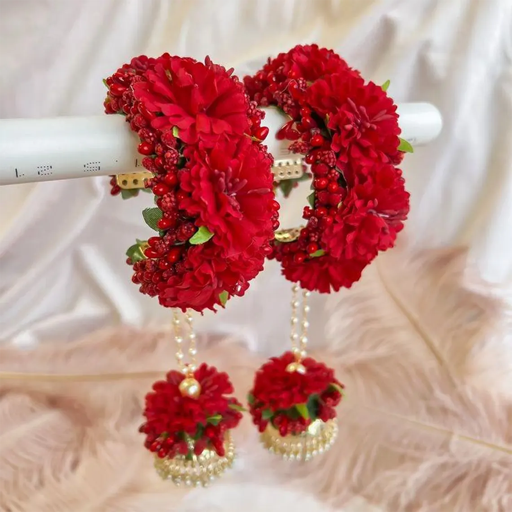 Royal Red Bridal Floral Hathphool with Pearl Tassels – Set of 2