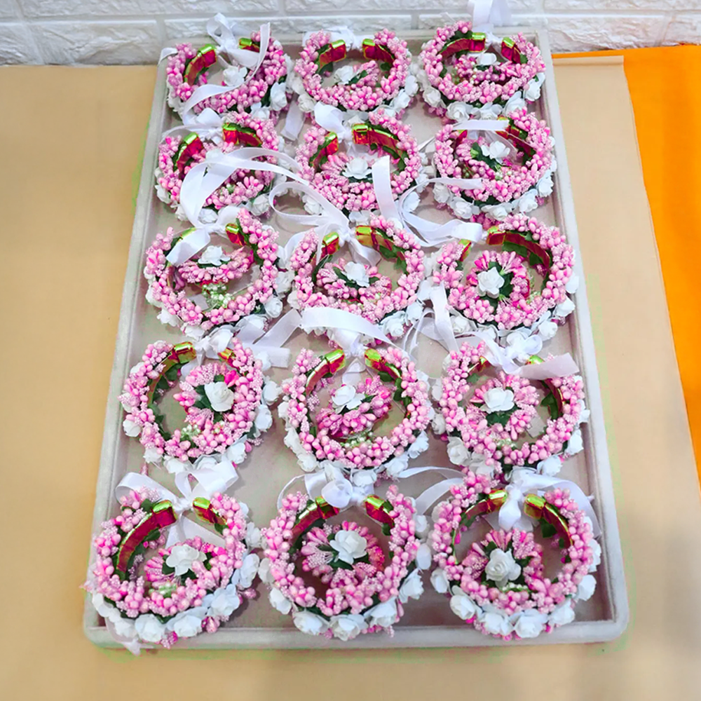 Peach Blossom Floral Hathphool with Pearl Chain – Set of 2