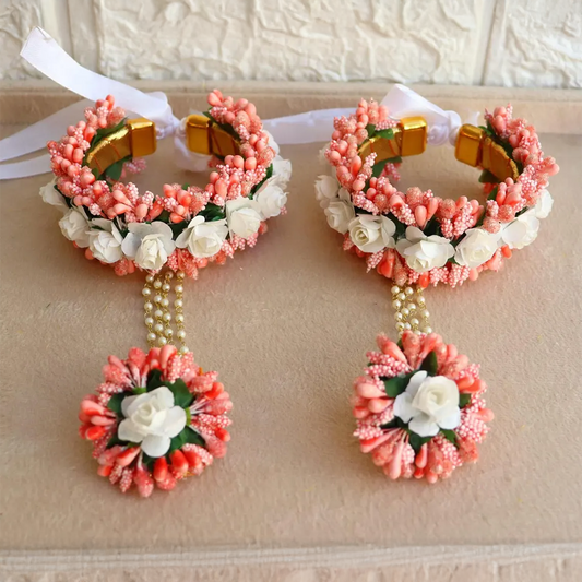 Peach Blossom Floral Hathphool with Pearl Chain – Set of 2